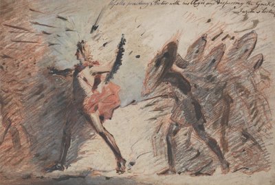 Apollo die Hector voorgaat met zijn Aegis en de Grieken verspreidt door John Flaxman